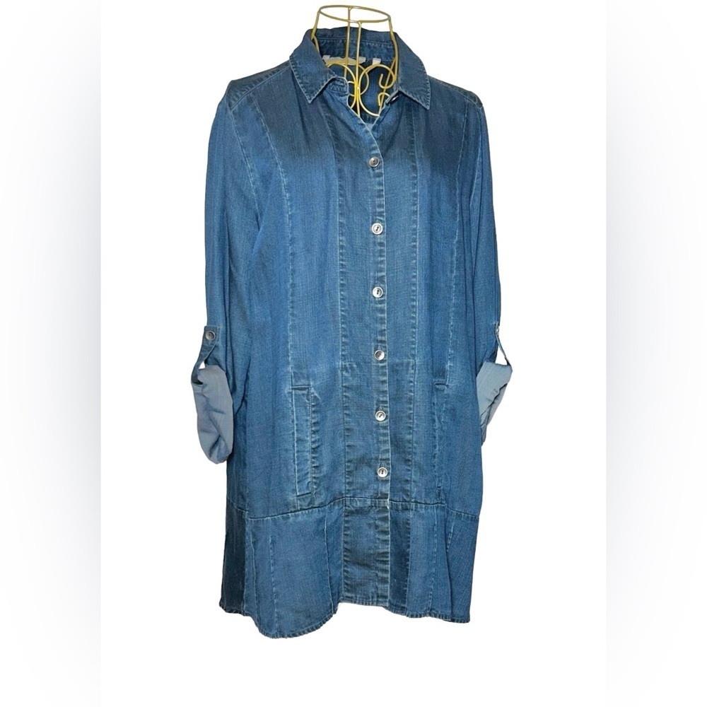 Soft Surroundings Chambray Blue Button-Up Tunic Shirtdress, 2BG93, Size Large
